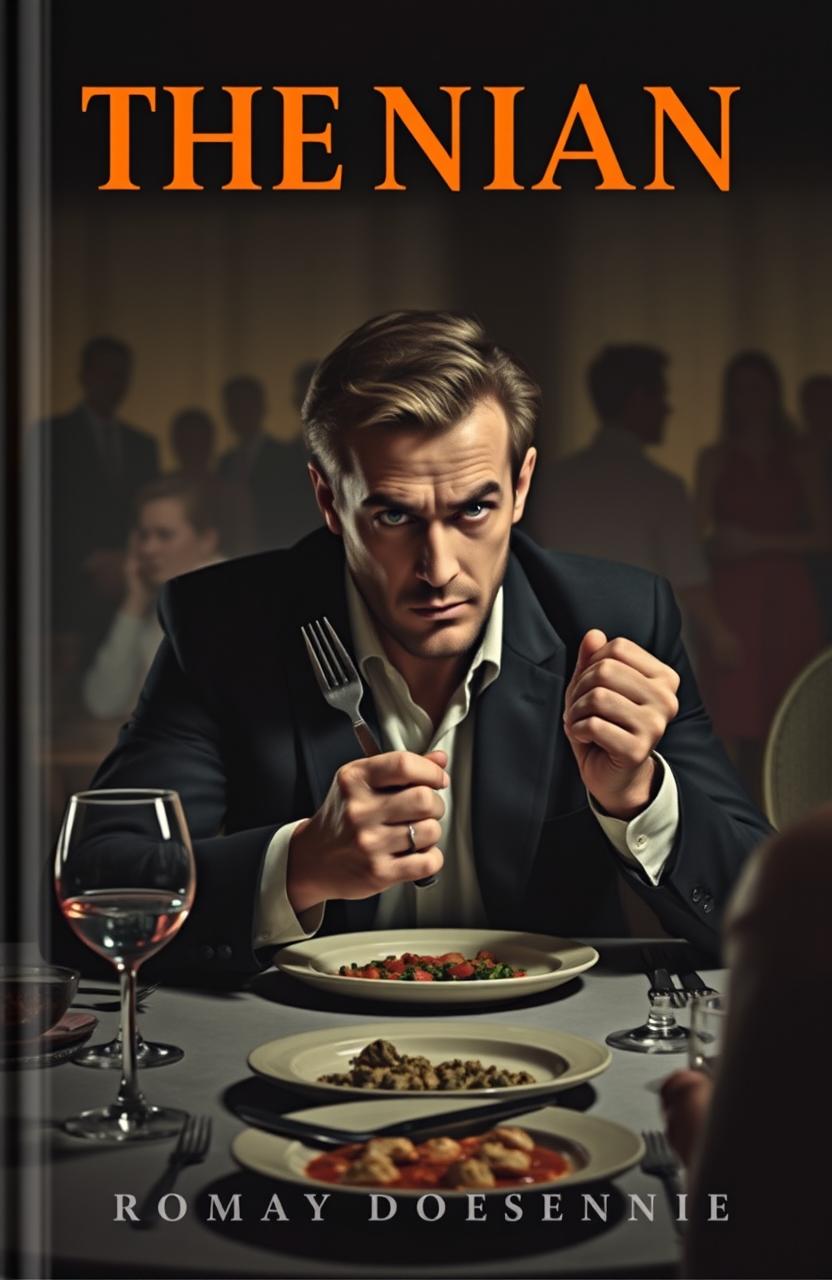 An anxious book cover featuring a man seated at a dining table, gripping cutlery tightly in one hand