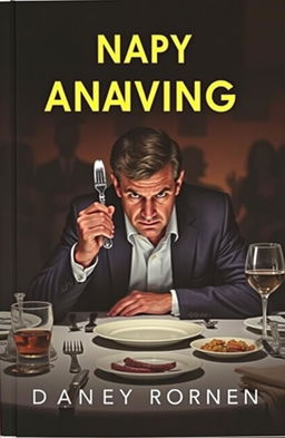 An anxious book cover featuring a man seated at a dining table, gripping cutlery tightly in one hand