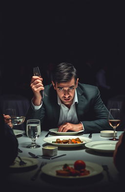 An anxious book cover featuring a man seated at a dining table, gripping cutlery tightly in one hand