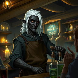 A drow male working as a barkeep in a dimly lit tavern