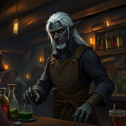 A drow male working as a barkeep in a dimly lit tavern