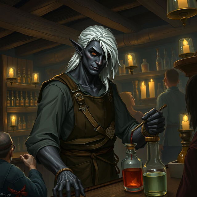 A drow male working as a barkeep in a dimly lit tavern