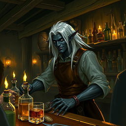 A drow male working as a barkeep in a dimly lit tavern