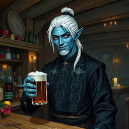 A realistic depiction of a male Drow (dark elf) bartender in a rustic tavern setting