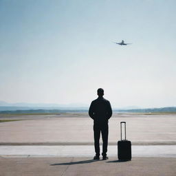 A pensive individual standing at an empty airport gate, gazing at a plane taking off in the distant sky, embodying feelings of disappointment and longing.