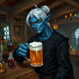 A realistic depiction of a male Drow (dark elf) bartender in a rustic tavern setting