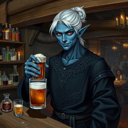 A realistic depiction of a male Drow (dark elf) bartender in a rustic tavern setting