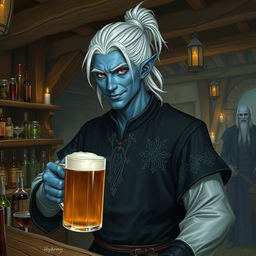 A realistic depiction of a male Drow (dark elf) bartender in a rustic tavern setting