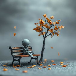 A melancholic miniature scene depicting a small, delicate figure sitting on a park bench under a solitary tree, surrounded by falling autumn leaves