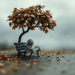 A melancholic miniature scene depicting a small, delicate figure sitting on a park bench under a solitary tree, surrounded by falling autumn leaves