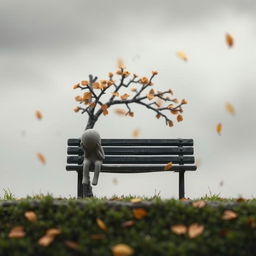 A melancholic miniature scene depicting a small, delicate figure sitting on a park bench under a solitary tree, surrounded by falling autumn leaves