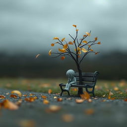 A melancholic miniature scene depicting a small, delicate figure sitting on a park bench under a solitary tree, surrounded by falling autumn leaves