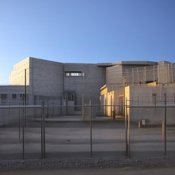 A maximum-security penitentiary designed with imposing stone walls, high-security fencing, and advanced surveillance technology.