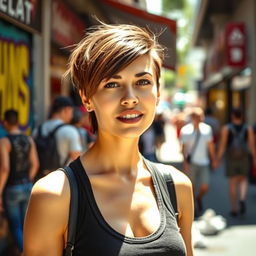 A sexy woman wearing a stylish tank top, captured in a candid street shot