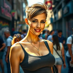 A sexy woman wearing a stylish tank top, captured in a candid street shot