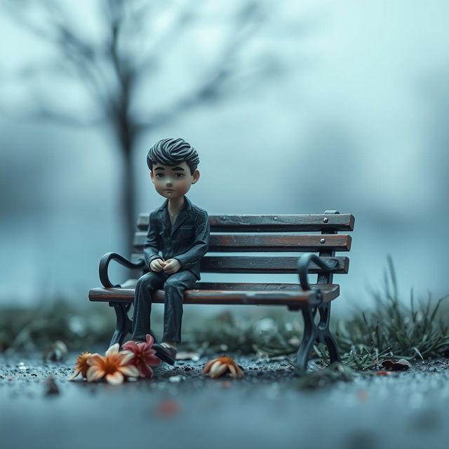 A melancholic miniature scene featuring a lone man sitting on a park bench, tears streaming down his face