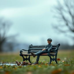 A melancholic miniature scene featuring a lone man sitting on a park bench, tears streaming down his face