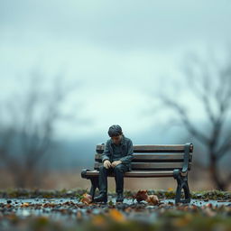 A melancholic miniature scene featuring a lone man sitting on a park bench, tears streaming down his face