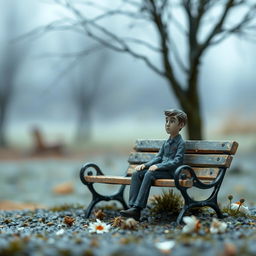 A melancholic miniature scene featuring a lone man sitting on a park bench, tears streaming down his face