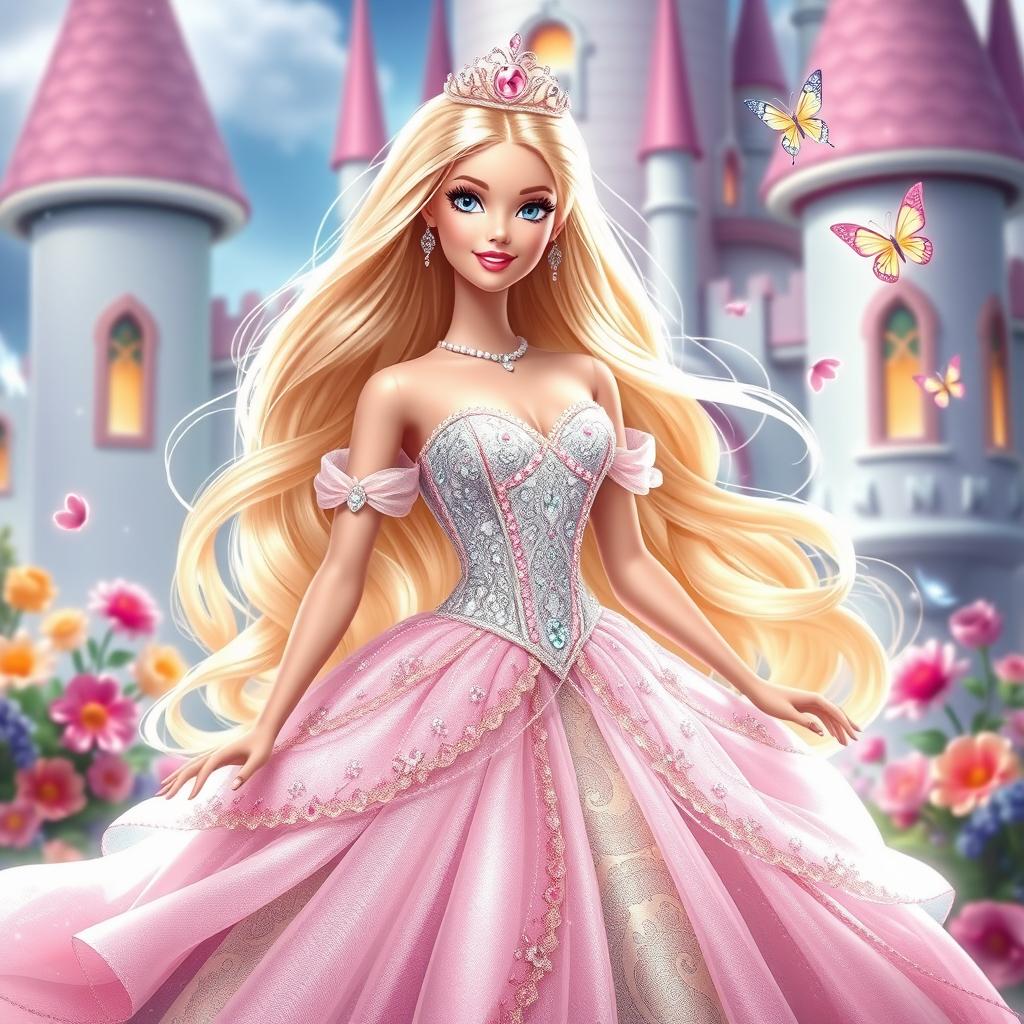 A glamorous Barbie princess in an enchanting Disney Princess style, wearing a sparkling gown with intricate details, featuring soft pastel colors and flowing layers that cascade beautifully