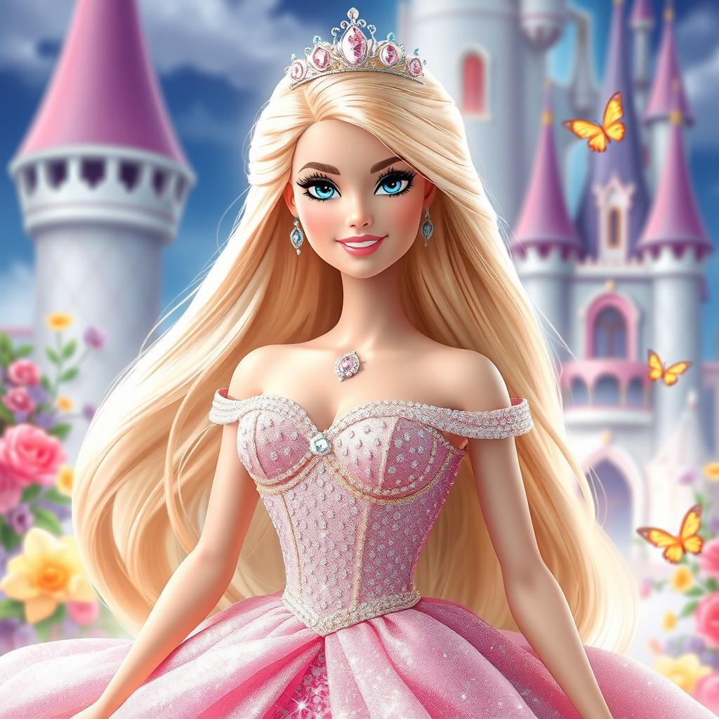 A glamorous Barbie princess in an enchanting Disney Princess style, wearing a sparkling gown with intricate details, featuring soft pastel colors and flowing layers that cascade beautifully