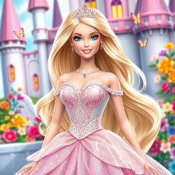 A glamorous Barbie princess in an enchanting Disney Princess style, wearing a sparkling gown with intricate details, featuring soft pastel colors and flowing layers that cascade beautifully