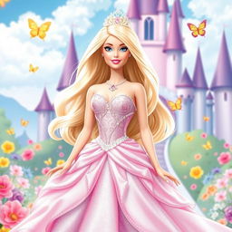 A glamorous Barbie princess in an enchanting Disney Princess style, wearing a sparkling gown with intricate details, featuring soft pastel colors and flowing layers that cascade beautifully