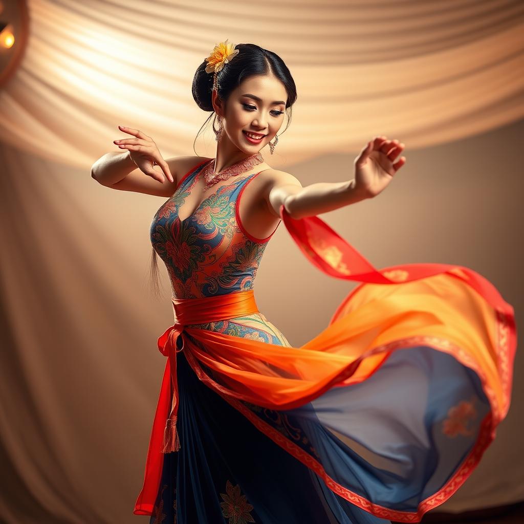 A sexy woman performing an elegant dancong dance, showcasing her fluid movements and graceful posture