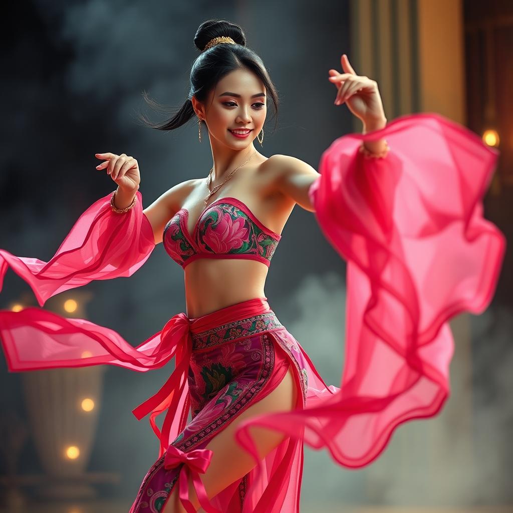 A sexy woman performing an elegant dancong dance, showcasing her fluid movements and graceful posture