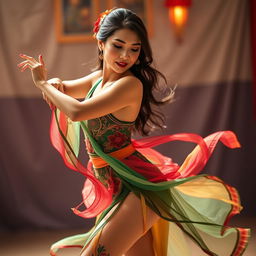 A sexy woman performing an elegant dancong dance, showcasing her fluid movements and graceful posture