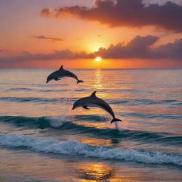 A vibrant sunset over a peaceful ocean, with dolphins leaping out of the water in harmony against the vivid colors of the twilight sky.