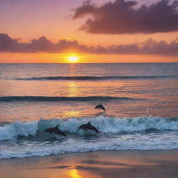 A vibrant sunset over a peaceful ocean, with dolphins leaping out of the water in harmony against the vivid colors of the twilight sky.