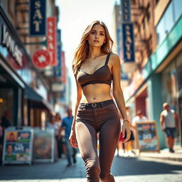 A hot young woman wearing tight-fitting pants that sit low below her navel, accentuating her curves, paired with a stylish crop top