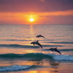 A vibrant sunset over a peaceful ocean, with dolphins leaping out of the water in harmony against the vivid colors of the twilight sky.