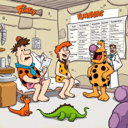 The Flintstones family, dressed in their classic prehistoric attire, visiting a doctor's office