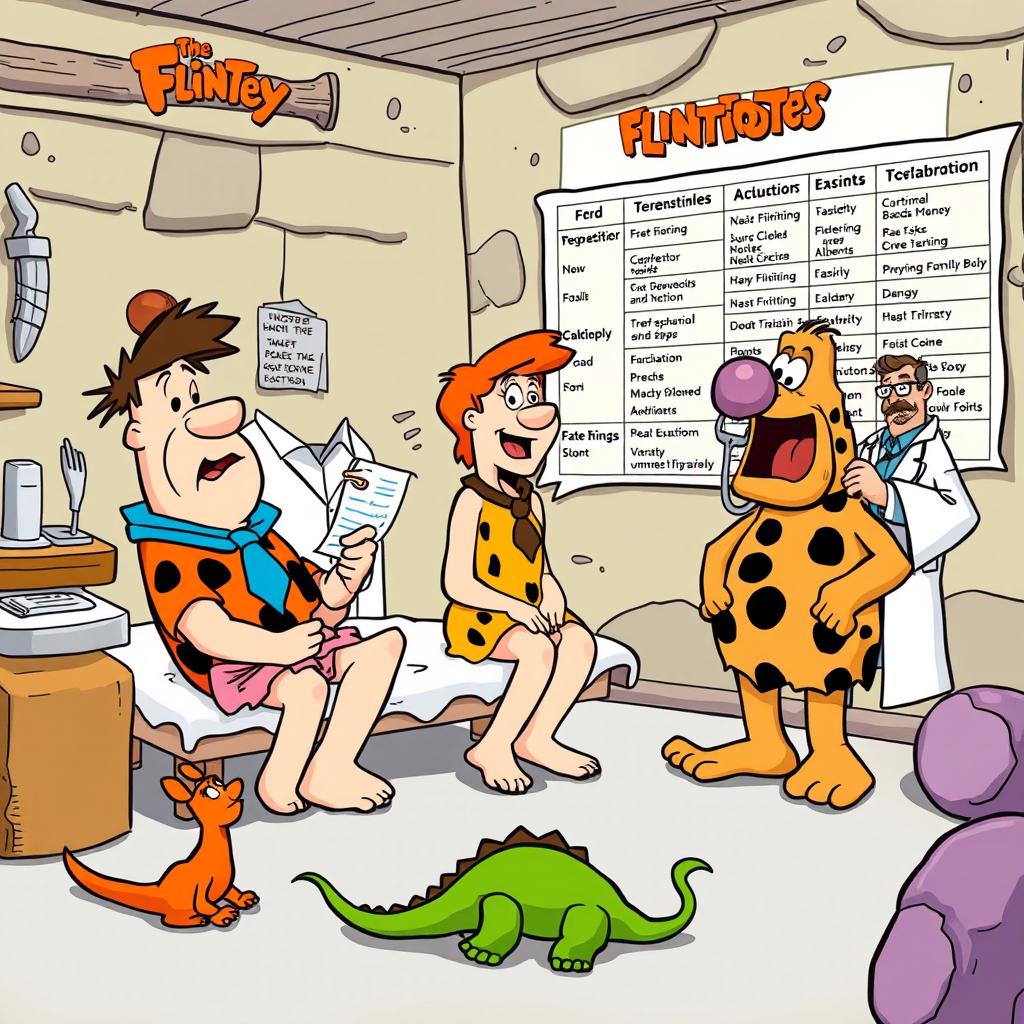The Flintstones family, dressed in their classic prehistoric attire, visiting a doctor's office