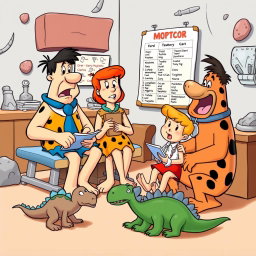 The Flintstones family, dressed in their classic prehistoric attire, visiting a doctor's office