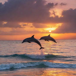 A vibrant sunset over a peaceful ocean, with dolphins leaping out of the water in harmony against the vivid colors of the twilight sky.