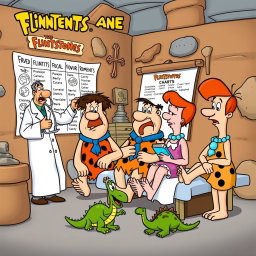 The Flintstones family, dressed in their classic prehistoric attire, visiting a doctor's office