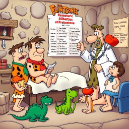 The Flintstones family, dressed in their classic prehistoric attire, visiting a doctor's office