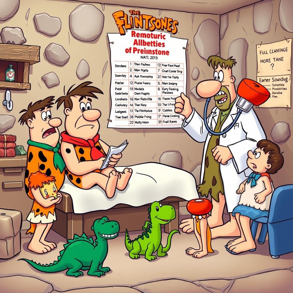 The Flintstones family, dressed in their classic prehistoric attire, visiting a doctor's office