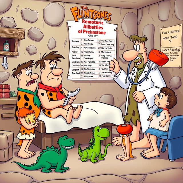 The Flintstones family, dressed in their classic prehistoric attire, visiting a doctor's office