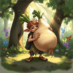 A whimsical Dungeons & Dragons scene featuring a mischievous creature, possibly a small humanoid or goblin, holding a giant turnip