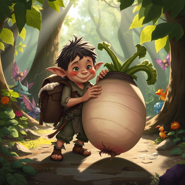 A whimsical Dungeons & Dragons scene featuring a mischievous creature, possibly a small humanoid or goblin, holding a giant turnip