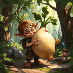 A whimsical Dungeons & Dragons scene featuring a mischievous creature, possibly a small humanoid or goblin, holding a giant turnip