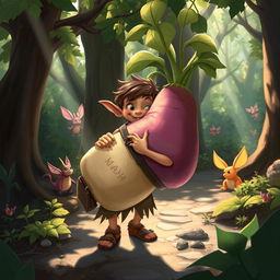 A whimsical Dungeons & Dragons scene featuring a mischievous creature, possibly a small humanoid or goblin, holding a giant turnip