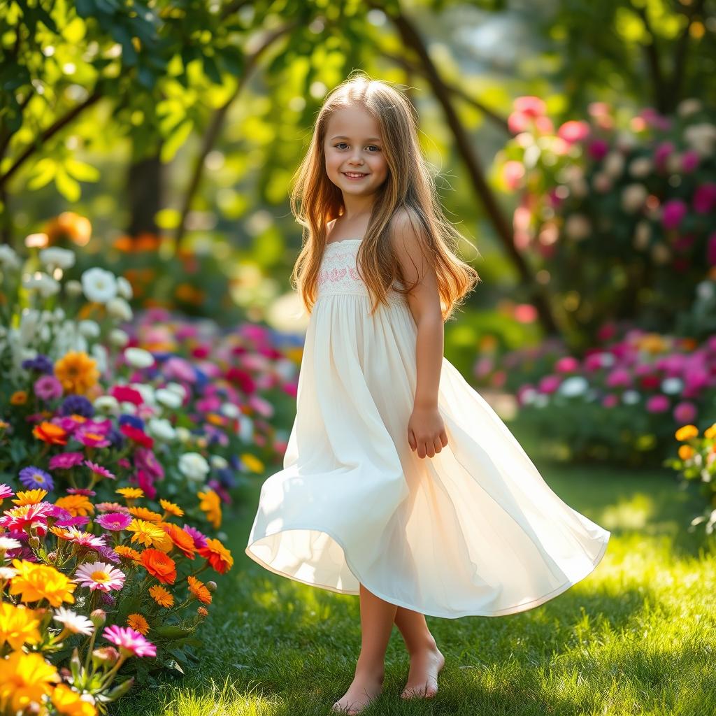 A beautiful girl with long light brown hair, wearing a flowing summer dress