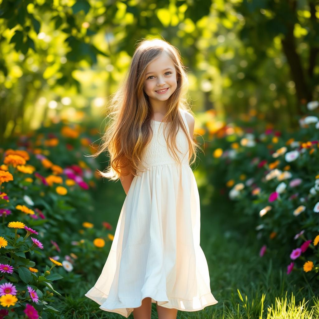 A beautiful girl with long light brown hair, wearing a flowing summer dress