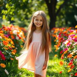 A beautiful girl with long light brown hair, wearing a flowing summer dress