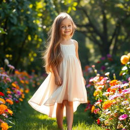 A beautiful girl with long light brown hair, wearing a flowing summer dress